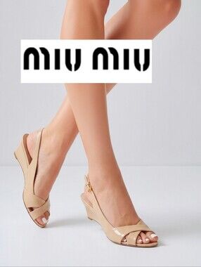 Miu Miu Womens 8 38 Ecru Patent Leather Slingback Wedge Italian Shoes 100% auth